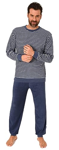 Normann Eleganter Herren Frottee Pyjama Langarm Schlafanzug mit Bündchen in Streifenoptik, Farbe:Marine, Größe:48 von Normann