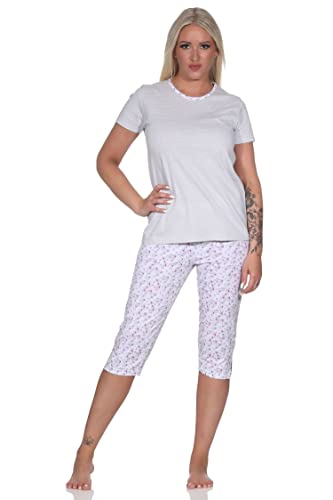 Normann Floraler Damen Capri Pyjama Schlafanzug mit Streifen, 3/4 Hose & Rundhals, Farbe:grau, Größe:36-38 von Normann