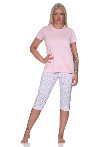 Normann Floraler Damen Capri Pyjama Schlafanzug mit Streifen, 3/4 Hose & Rundhals, Farbe:rosa, Größe:44-46 von Normann