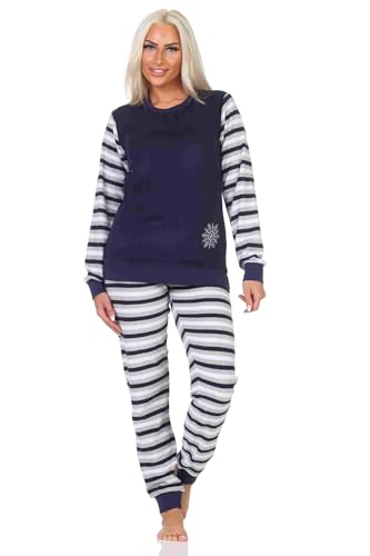 Normann Geringelter Damen Frottee Schlafanzug Langarm Pyjama mit Eiskristall, Farbe:Navy, Größe:40-42 von Normann