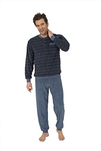 Normann Herren Frottee Pyjama mit Knopfleiste, Ringel-Optik, Uni Hose, Jeans/Braun, 55822, Gr. 56 von Normann