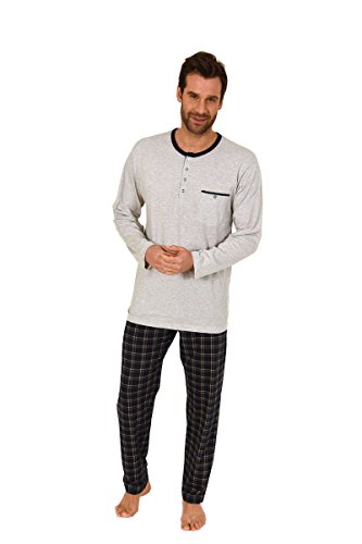 Normann Herren Pyjama, Rundhals mit Knopfleiste, Uni Oberteil, Karo Hose, Grau/Marine, 57857, Gr. 52 von Normann