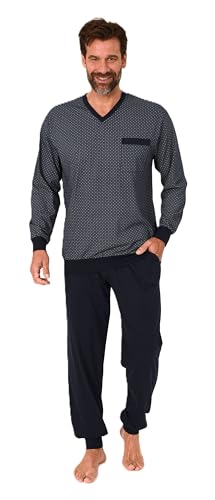 Normann Herren Schlafanzug lang mit Bündchen - Pyjama im edlen Minimal-Print und V-Hals, Farbe:Marine, Größe:52 von Normann