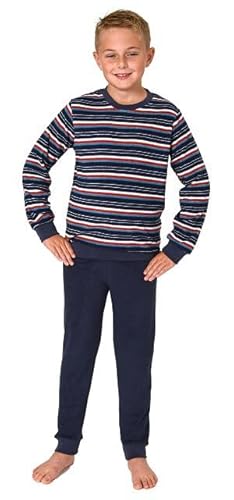 Normann Jungen Frottee Pyjama in Ringel-Optik, Warmer Schlafanzug mit Bündchen, Farbe:rot1, Größe:152 von Normann