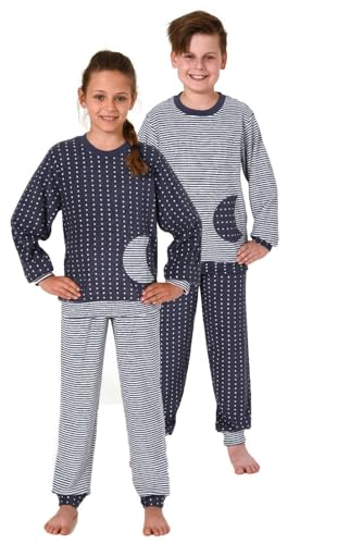 Normann Jungen Frottee Pyjama mit Bündchen, Warmer Schlafanzug in toller Ringel-Optik, Farbe:Tupfen Marine, Größe:128 von Normann