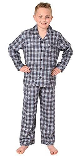 Normann Jungen Langarm Flanell Schlafanzug Pyjama in Karo Optik zum durchknöpfen, Farbe:grau, Größe:140 von Normann