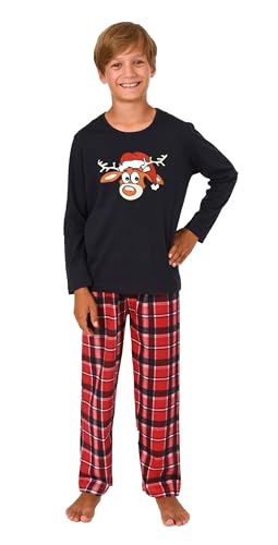 Normann Kinder Langarm Weihnachts Schlafanzug Unisex Pyjama mit lustigen Renntier Motiv, Farbe:Navy, Größe:116 von Normann