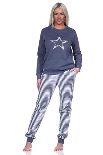 Normann Kuscheliger Damen Pyjama mit Bündchen, gestreifter Hose + Sternmotiv - auch in Übergrößen, Farbe:blau-Melange, Größe:36/38 von Normann