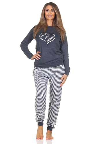Normann Kuscheliger Damen Schlafanzug mit Bündchen und Herz-Motiv - auch in Übergrößen, Farbe:blau, Größe:56-58 von Normann