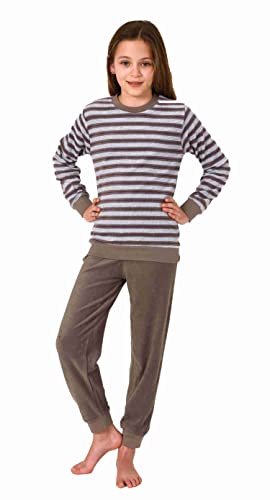 Normann Kuscheliger Mädchen Langarm Frottee Schlafanzug Pyjama mit Bündchen in Streifenoptik, Farbe:grau, Größe:140 von Normann