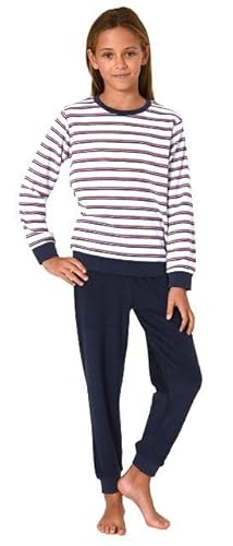 Normann Mädchen Frottee Pyjama in Ringel-Optik, Warmer Schlafanzug mit Bündchen, Farbe:Marine, Größe:128 von Normann