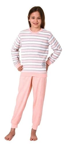 Normann Mädchen Frottee Pyjama in Ringel-Optik, Warmer Schlafanzug mit Bündchen, Farbe:apricot, Größe:152 von Normann