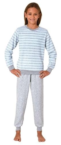 Normann Mädchen Frottee Pyjama in Ringel-Optik, Warmer Schlafanzug mit Bündchen, Farbe:hellblau, Größe:128 von Normann