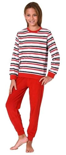 Normann Mädchen Frottee Pyjama in Ringel-Optik, Warmer Schlafanzug mit Bündchen, Farbe:rot1, Größe:164 von Normann