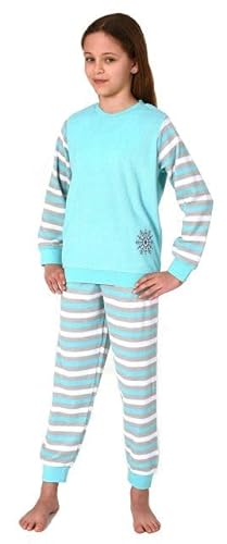 Normann Mädchen Schlafanzug, Frottee Pyjama mit Bündchen und süßem Motiv, Streifenoptik, Farbe:Mint, Größe:164 von Normann