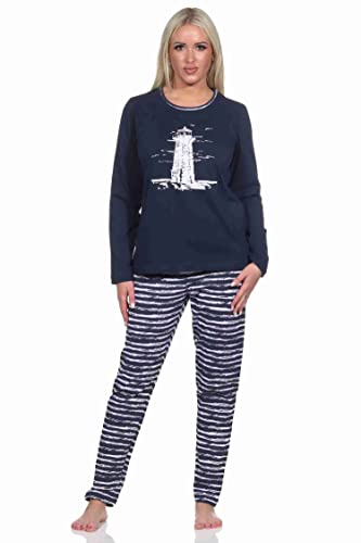 Normann Maritim gestreifter Damen Langarm Schlafanzug Pyjama mit Leuchtturm Motiv, Farbe:Marine, Größe:48-50 von Normann