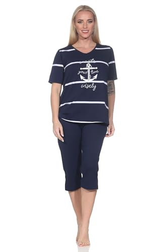 Normann Maritimer Damen Kurzarm Capri Schlafanzug Shorty mit Anker Motiv - auch in Übergröße, Farbe:Marine, Größe:36-38 von Normann