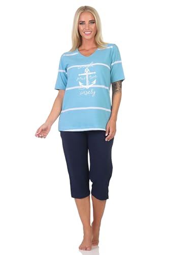 Normann Maritimer Damen Kurzarm Capri Schlafanzug Shorty mit Anker Motiv - auch in Übergröße, Farbe:hellblau, Größe:56-58 von Normann