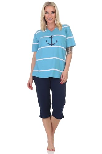 Normann Maritimer Damen Kurzarm Capri Schlafanzug Shorty mit Anker Motiv - auch in Übergröße, Farbe:hellblau, Größe:44-46 von Normann