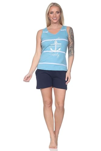 Normann Maritimer ärmelloser Damen Shorty Schlafanzug mit Anker als Motiv - auch in Übergröße, Farbe:hellblau, Größe:60-62 von Normann