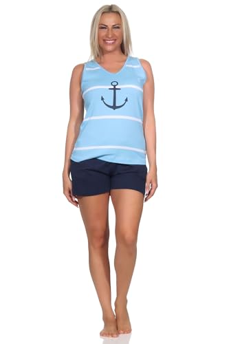 Normann Maritimer ärmelloser Damen Shorty Schlafanzug mit Leuchturm - auch in Übergröße, Farbe:hellblau, Größe:52-54 von Normann