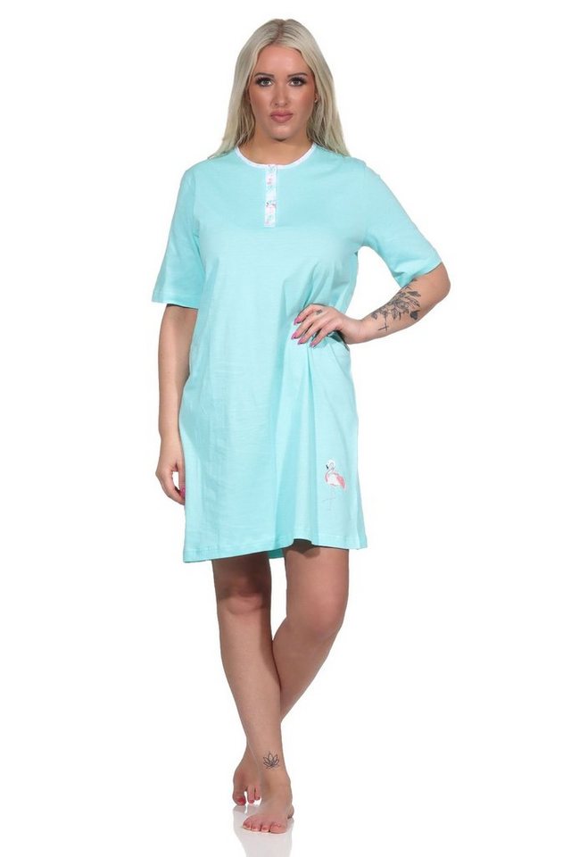 Normann Nachthemd Damen kurzarm Nachthemd mit Flamingo Motiv und Knopfleiste am Hals von Normann