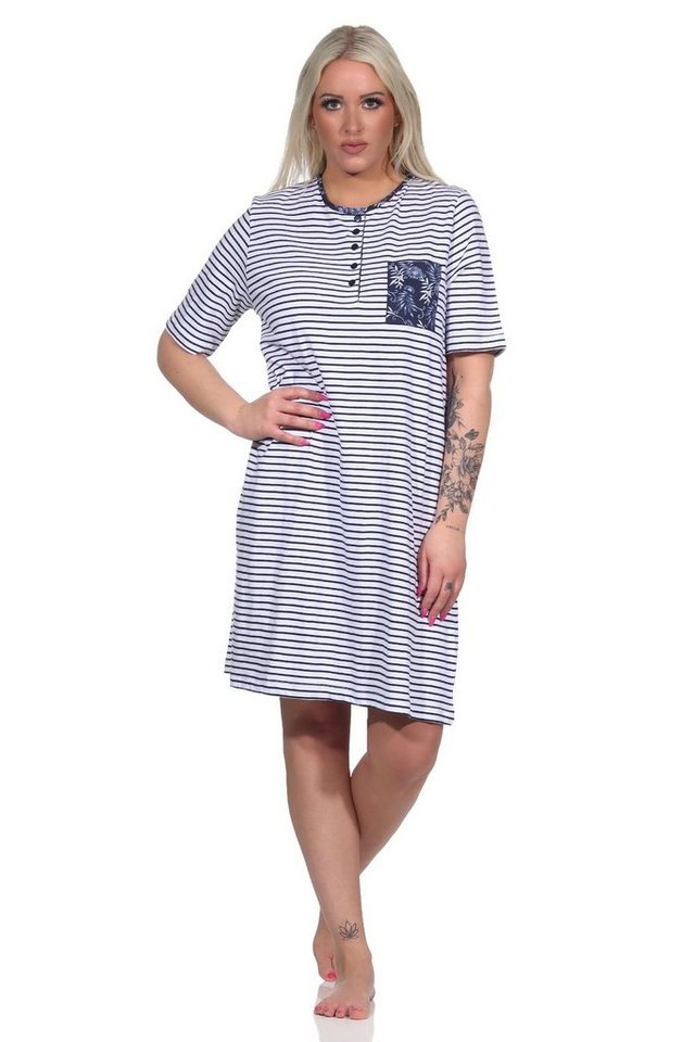 Normann Nachthemd Damen kurzarm Nachthemd mit Knopfleiste am Hals in Streifenoptik von Normann