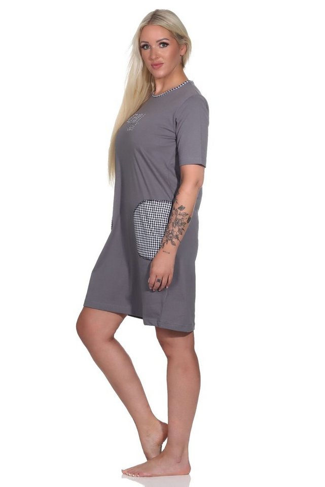 Normann Nachthemd Damen kurzarm Nachthemd mit aufgesetzten Taschen und Frontprint von Normann