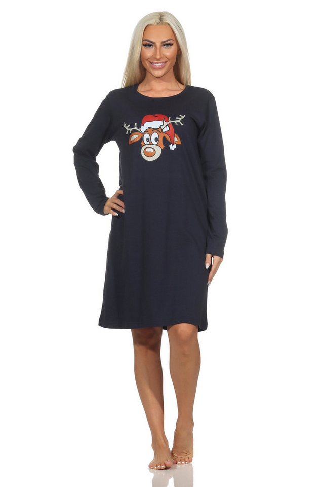 Normann Nachthemd Damen langarm Weihnachts Nachthemd mit lustigen Renntier Motiv von Normann