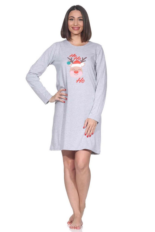 Normann Nachthemd Damen langarm Weihnachts Nachthemd mit lustigen Renntier Motiv von Normann