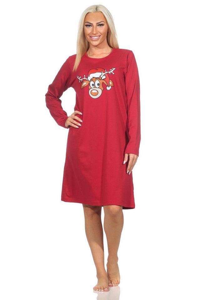 Normann Nachthemd Damen langarm Weihnachts Nachthemd mit lustigen Renntier Motiv von Normann