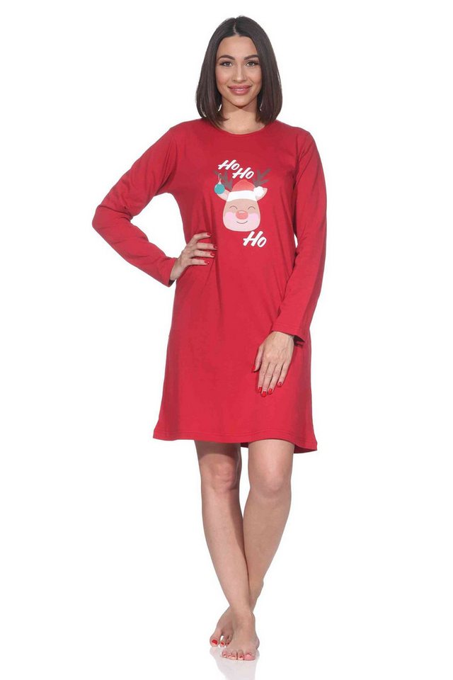 Normann Nachthemd Damen langarm Weihnachts Nachthemd mit lustigen Renntier Motiv von Normann