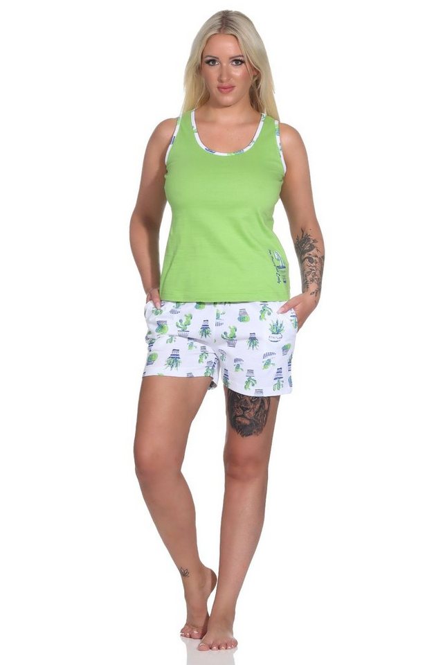 Normann Pyjama Ärmelloser Damen Schlafanzug Shorty Pyjama mit Kaktus als Motiv von Normann