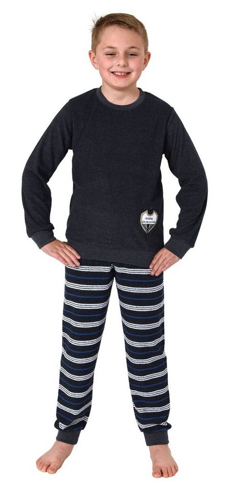 Normann Pyjama Jungen Frottee langarm Schlafanzug mit Bündchen und Fussball-Motiv von Normann