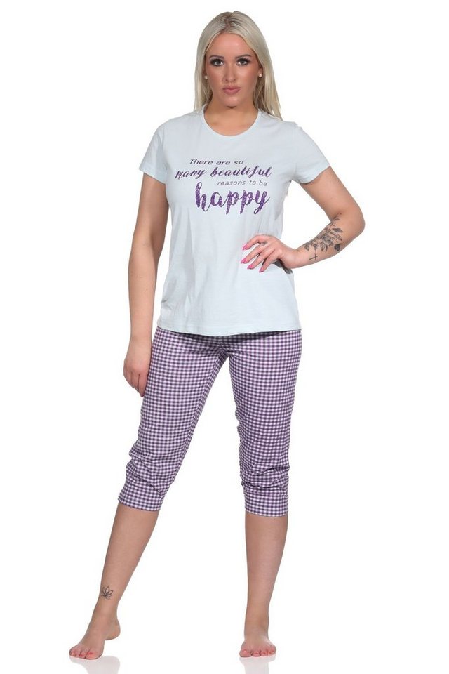Normann Pyjama Damen Capri Pyjama, Schlafanzug mit Schriftzug und Karo-Hose von Normann