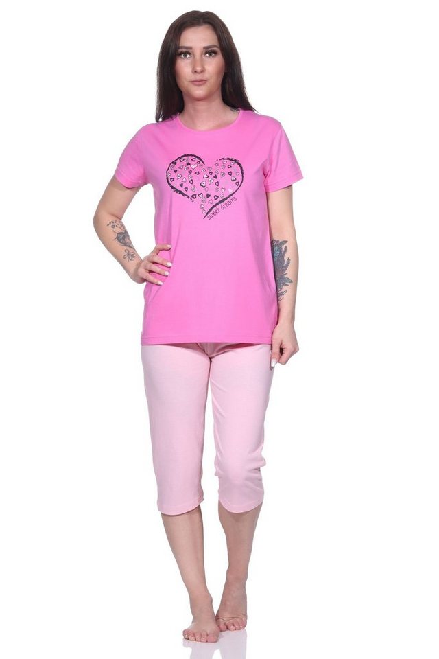 Normann Pyjama Damen Capri Schlafanzug, 3/4-Capri-Pyjama mit süßem Herzchen-Muster von Normann