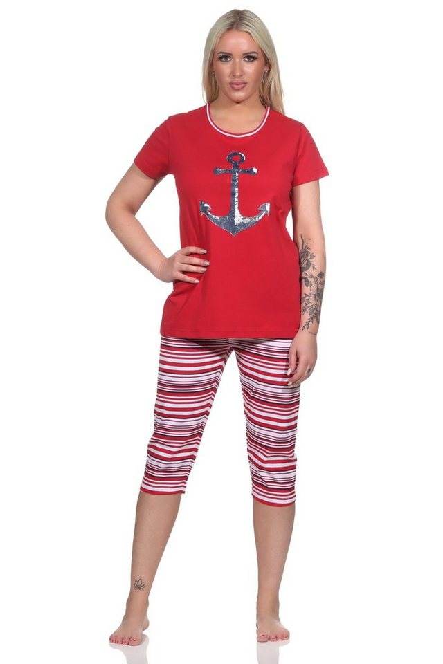 Normann Pyjama Damen Capri Schlafanzug kurzarm Pyjama mit Anker-Motiv und Ringeln von Normann