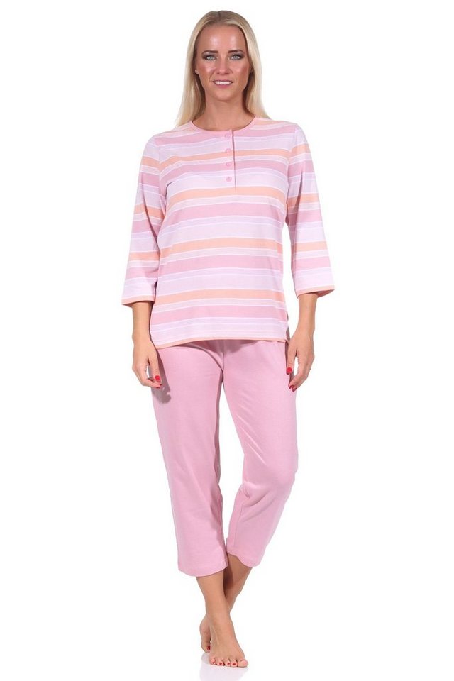 Normann Pyjama Damen Capri Schlafanzug kurzarm in zarter pastell Streifenoptik von Normann