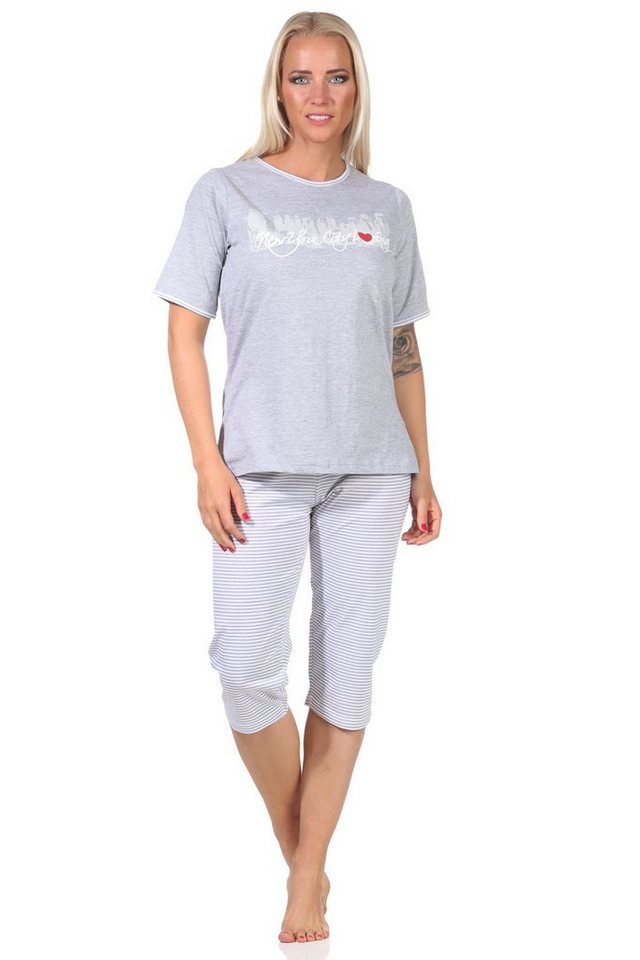 Normann Pyjama Damen Capri-Schlafanzug mit 3/4-Hose + Frontprint von Normann
