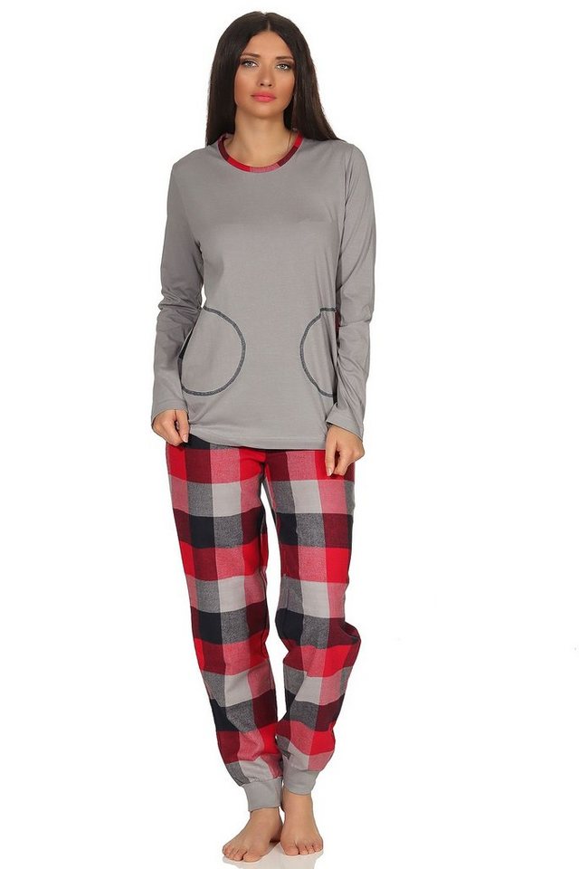 Normann Pyjama Damen Flanell Pyjama Mix & Match Top Single Jersey, Hose Flanell von Normann