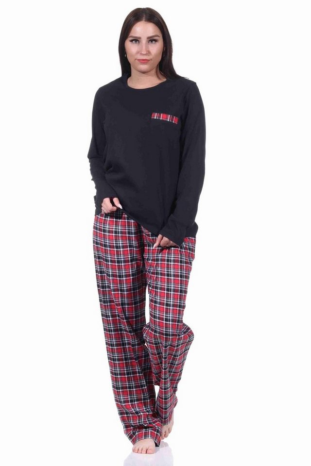 Normann Pyjama Damen Flanell Schlafanzug lang mit Flanell Hose und Jersey Oberteil von Normann