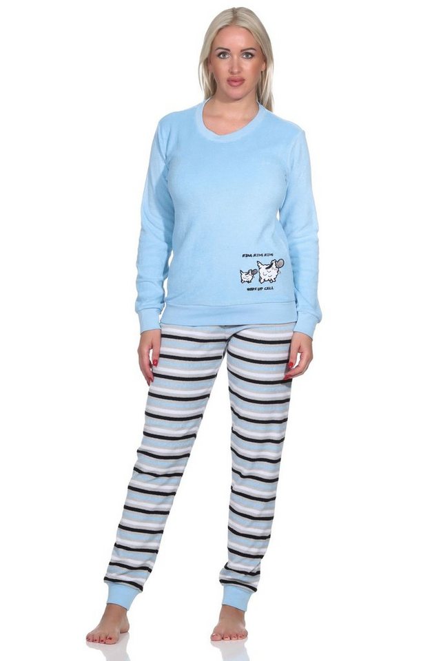 Normann Pyjama Damen Frottee Pyjama, Hose gestreift, Oberteil mit süssen Tiermotiv von Normann