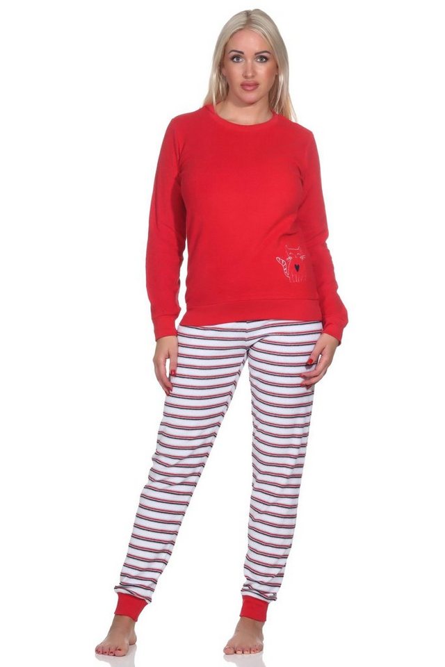 Normann Pyjama Damen Frottee Pyjama, Hose gestreift, Oberteil mit süssen Tiermotiv von Normann