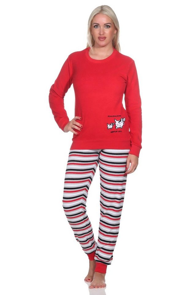 Normann Pyjama Damen Frottee Pyjama, Hose gestreift, Oberteil mit süssen Tiermotiv von Normann