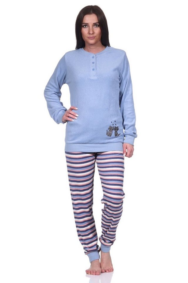 Normann Pyjama Damen Frottee Pyjama, Schlafanzug langarm mit süßem Katzen-Motiv von Normann