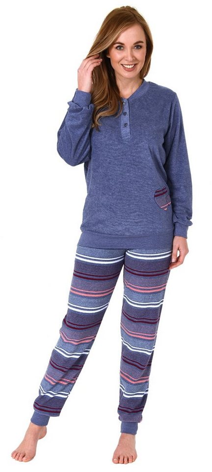 Normann Pyjama Damen Frottee Pyjama lang mit Bündchen Hose gestreift von Normann