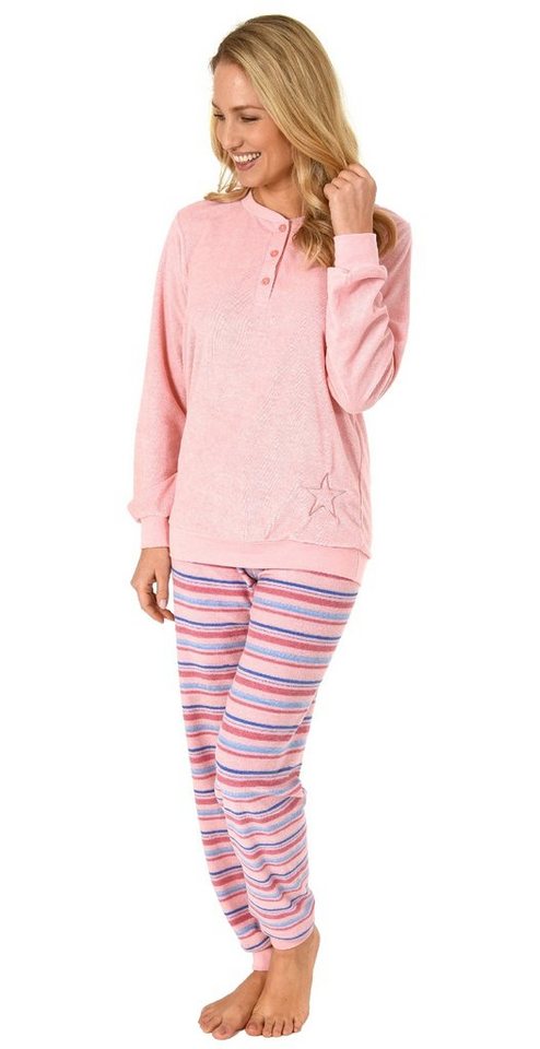 Normann Pyjama Damen Frottee Pyjama lang mit Bündchen Hose gestreift von Normann