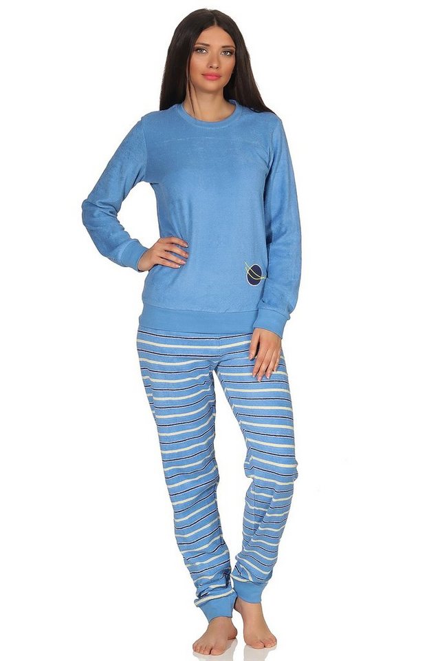 Normann Pyjama Damen Frottee Pyjama langarm mit Bündchen, Hose gestreift von Normann