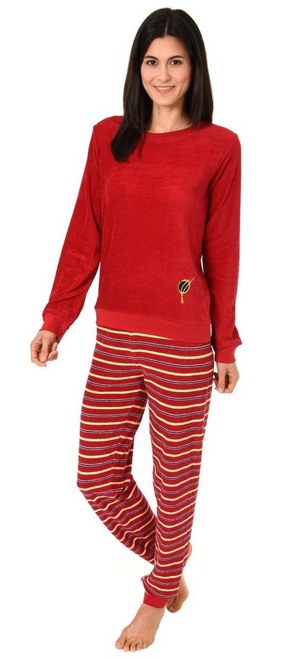 Normann Pyjama Damen Frottee Pyjama langarm mit Bündchen, Hose gestreift von Normann