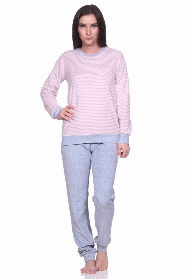 Normann Pyjama Damen Frottee Pyjama langarm mit Bündchen in Streifenoptik von Normann